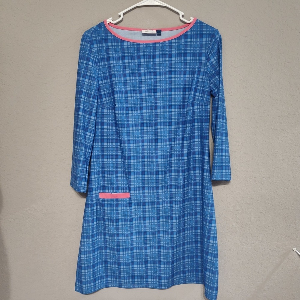 Cabana‎ Life x Talbots Dress Womens XS Blue Plaid 3/4 Sleeve Pink Trim Shift